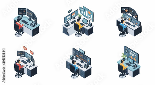 Set of isometric illustrations depicting people working at computer workstations with multiple monitors, symbolizing data analysis and office environments.