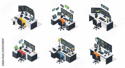 Fotografia Isometric illustration of people working at computer stations with multiple monitors, symbolizing data analysis and monitoring