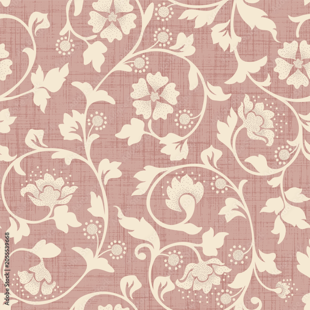 Fototapeta premium Cute floral seamless pattern with linen texture. Flower vector illustration background. Print in rustic vintage style, textile or wallpapers.