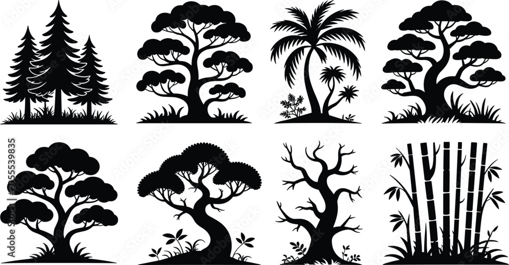 Fototapeta premium Tree silhouette vector illustration, forest artwork design, bamboo cluster graphic, palm tree icon, nature outline art, environmental landscape concept