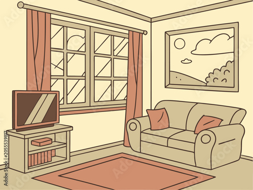 a painting of a living room with a couch and a win