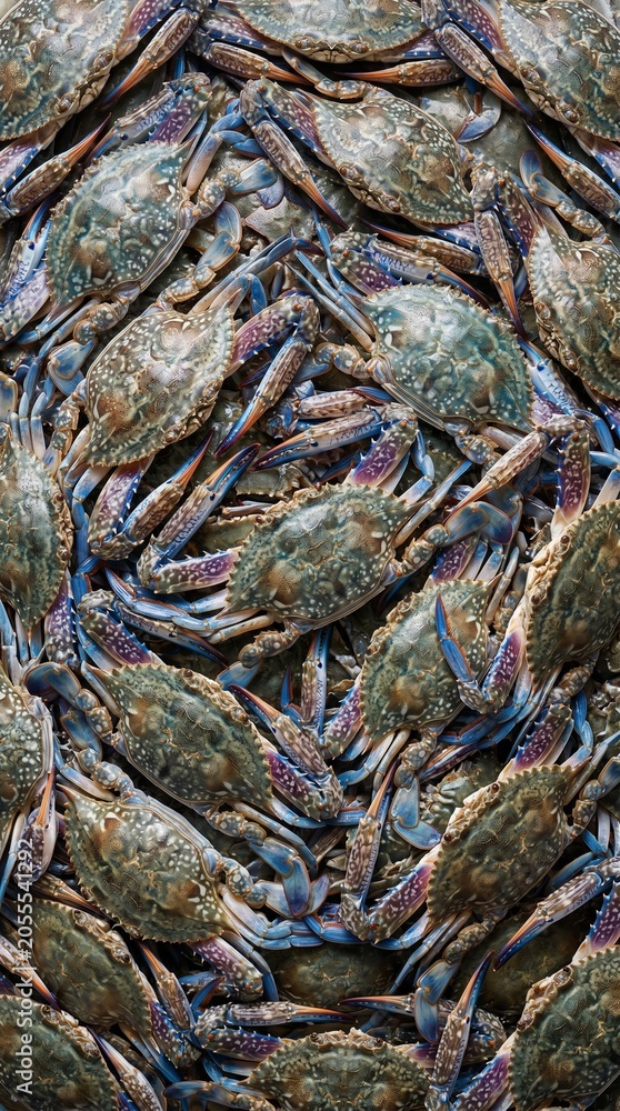 Fototapeta premium Fresh Blue Swimming Crab Background Top View for Seafood Restaurant Menu