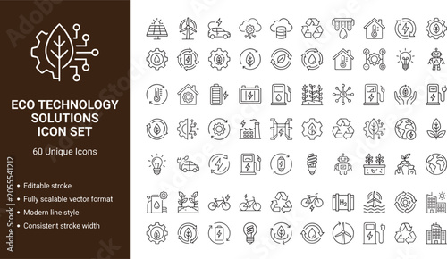 Eco Technology Solutions Icon Set Featuring Renewable Energy Sustainability Environmental Innovation and Smart Green Infrastructure