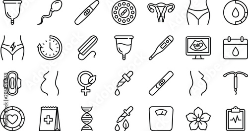 Photography Women health and menstrual cycle line icon set featuring period cup tampon pregn