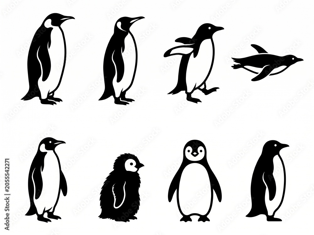 Fototapeta premium Set of black silhouette icons showing penguins standing and walking naturally