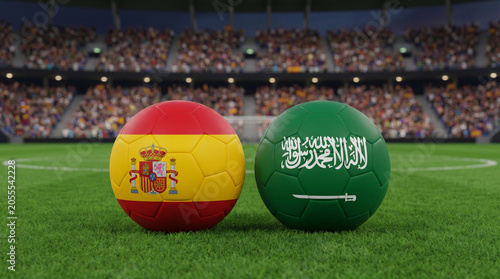 Spain vs Saudi Arabia Soccer Balls on a Football Pitch with Stadium Crowd in Background
