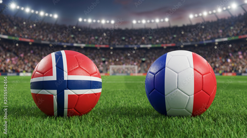 Naklejka premium Two Footballs on Grass Pitch: Norway and France Flags, Stadium Crowd, Floodlights, Evening Sky