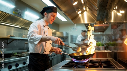 Chef cooking delicious food in a professional kitchen with stainless steel appliances