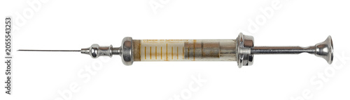 Fotografie Close-up shot of an antique glass syringe with needle against a pure white background