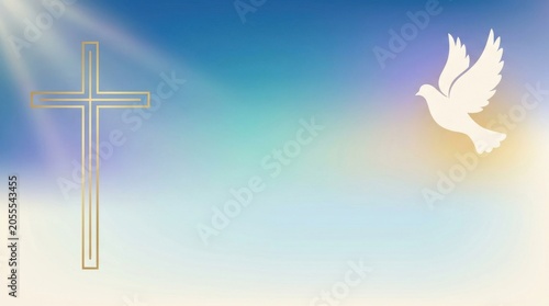Christian cross symbol and a flying white dove against a radiant blue and golden sky background.
