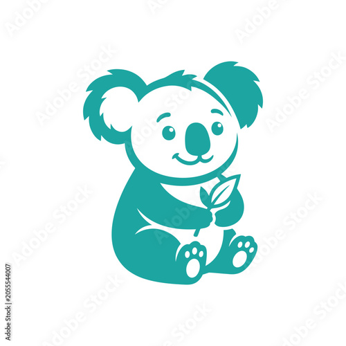Canvas Print Cute teal cartoon koala sitting and holding a leaf.