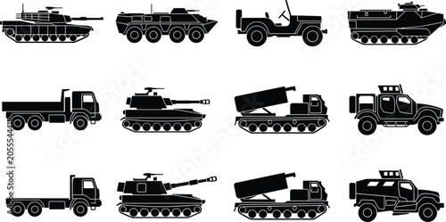 Schilderij op canvas Collection of military vehicle black silhouettes including combat tanks armored