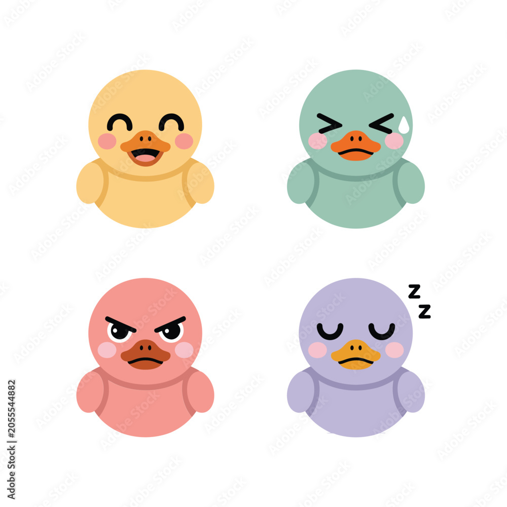 Fototapeta premium Chick And Duckling Emotions, Pastel Baby Bird Faces, Cute Modern Style, Sticker Pack Icon Set, Flat Vector Icons, Clipart Collection