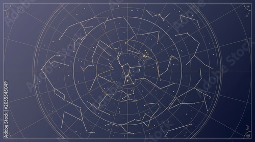 Stellar constellation map showing celestial alignments on a dark blue geometric grid background.