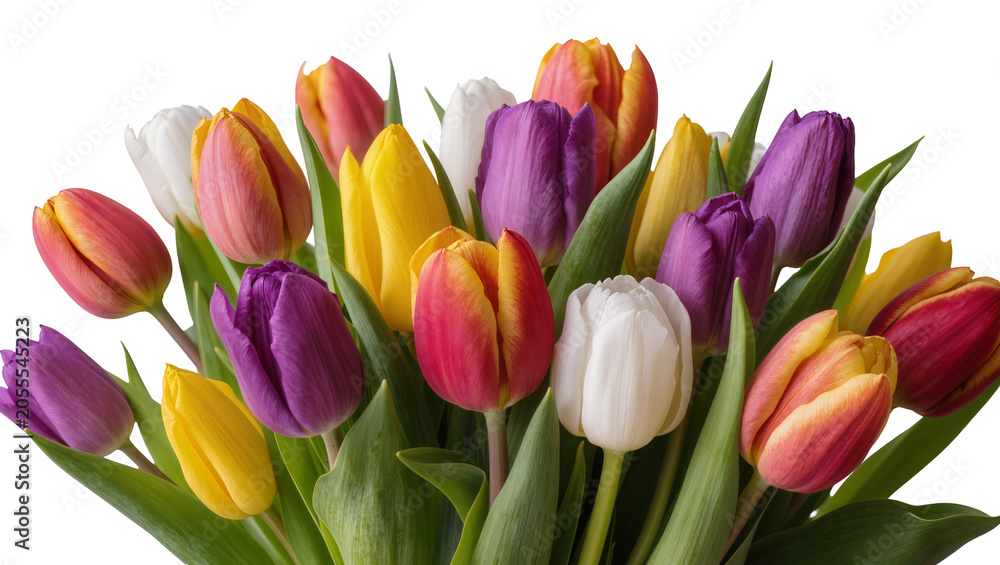 Fototapeta premium Isolated vibrant bouquet of colorful spring tulips with fresh blooming flowers and green leaves