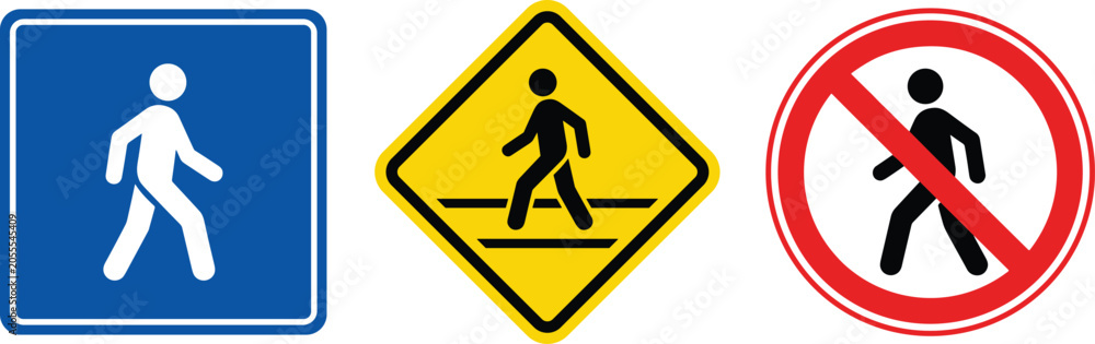 Φωτογραφία Pedestrian traffic road sign set featuring blue information walking path yellow