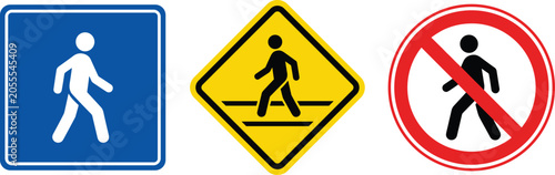 Foto Pedestrian traffic road sign set featuring blue information walking path yellow