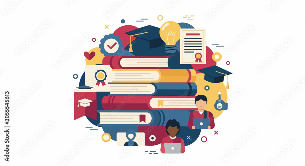 Fototapeta premium Higher Education and E-Learning Concept Illustration with Book Stack, Graduation Caps, Students with Laptops, and Diploma. Professional Academic Success Flat Vector Design.