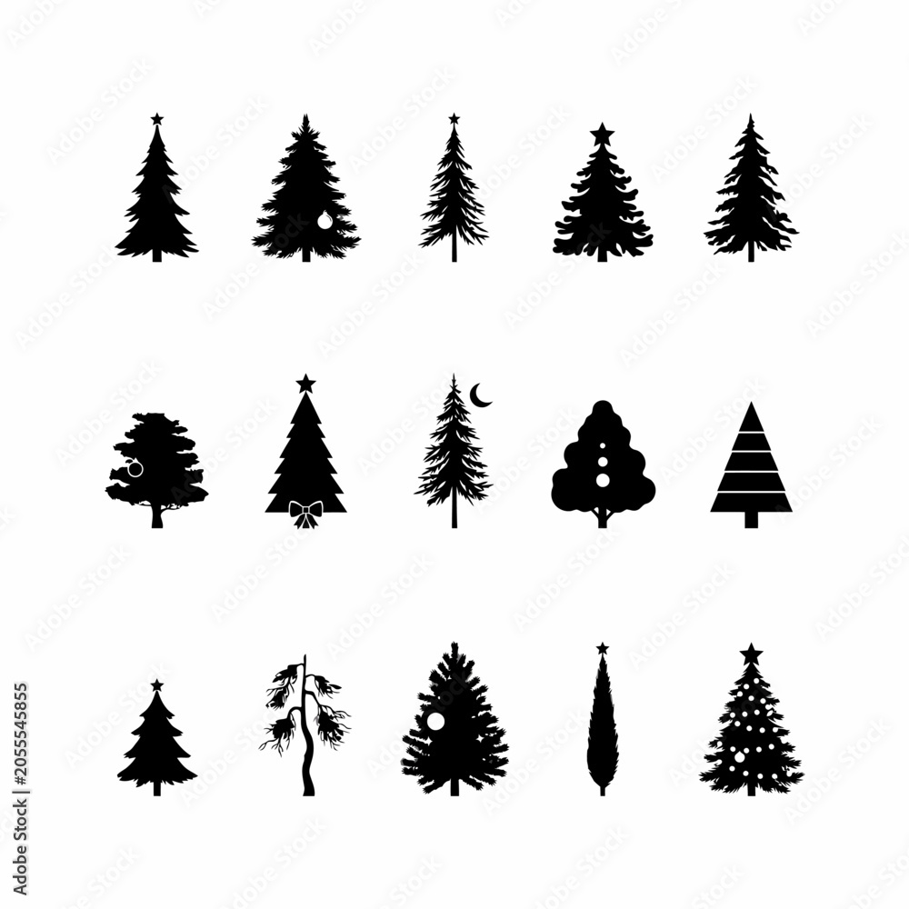 Obraz premium Black silhouettes of christmas trees with various ornaments and decorations on white background