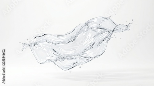 Dynamic water splash frozen in motion, creating an elegant abstract wave pattern on a pure white background, symbolizing freshness, fluidity, and purity