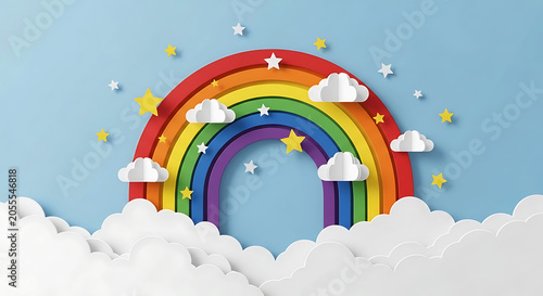 Pride month rainbow, paper cut style art, colorful clouds stars, and celebration vector illustration.