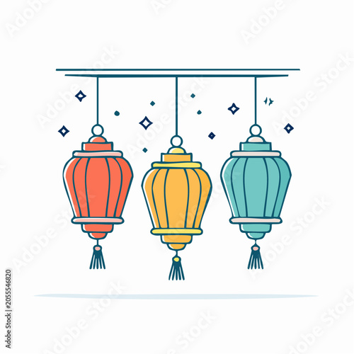 Three colorful hanging lanterns with tassels