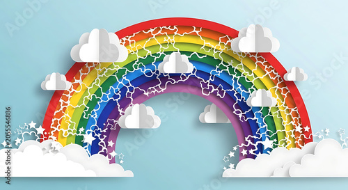 Rainbow pride celebration, colorful paper cut clouds, happy stars background, and pride month vector.