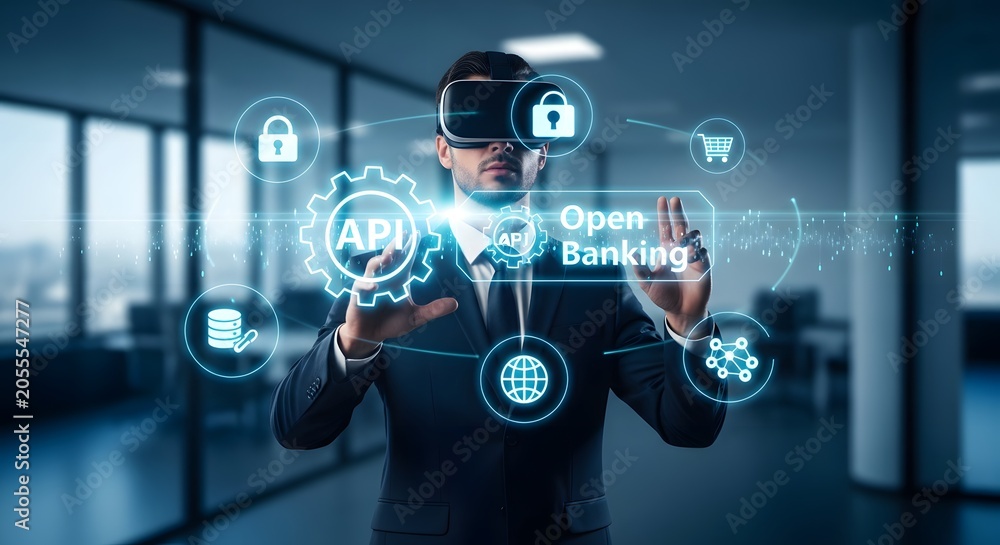 Fototapeta premium Businessman using virtual reality headset for open banking technology
