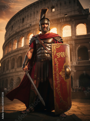 Roman Legionary Soldier in Bronze Armor Red Cape Holding Gladius and SPQR Shield at Colosseum Sunset