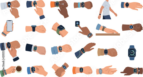 Smartwatch and wearable technology vector illustration set featuring diverse human hands interacting with digital screens and smart devices