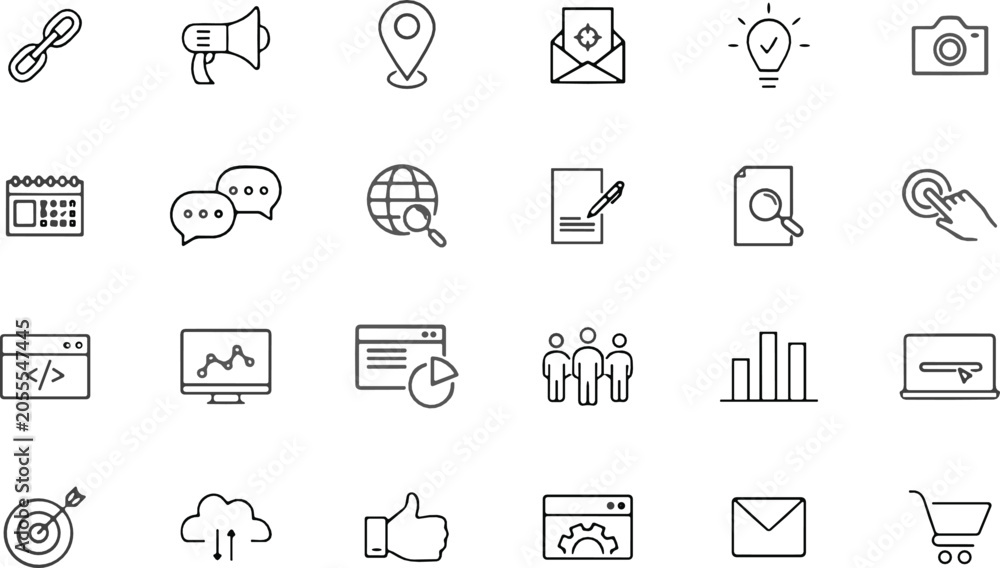 Fototapeta premium Digital marketing and website SEO optimization line icon set featuring business analytics communication and e-commerce symbols
