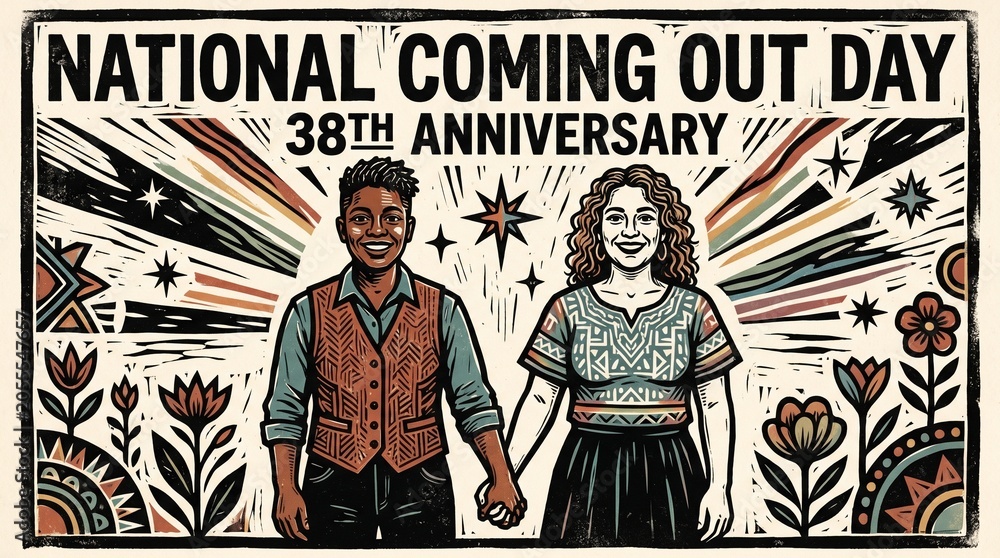 Obraz premium National Coming Out Day folk art portrait poster with paired portraits framed by hand drawn leaves and symbols