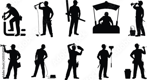 Canvas-taulu Construction worker silhouettes, manual labor tools poses, drilling measuring cl