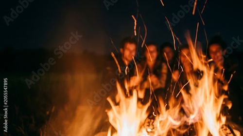 Group of friends gathering around a warm campfire at night