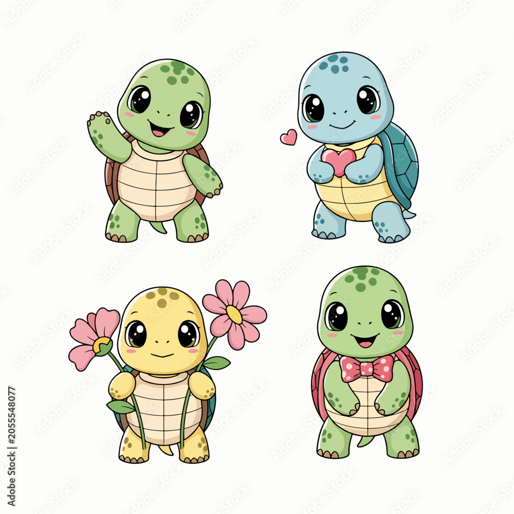 Fototapeta premium The Cutest Baby Turtle Characters Ever Waving Hello and Holding a Beautiful Blooming Flower