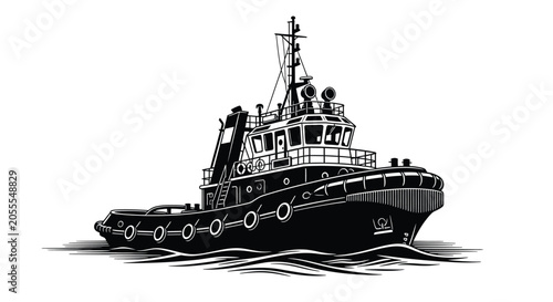 Foto Tugboat On Water Detailed Black Silhouette towboat watercraft vessel ship