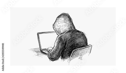 Photography Hacker in hoodie typing on laptop sketch vector concept, anonymous cyber crimina
