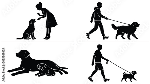 Tableau sur toile Dog training and walking silhouettes, pet care vector illustration, owner with d