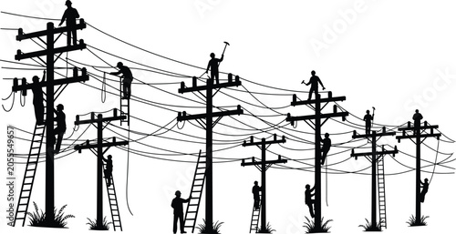Silhouette of Linemen Working on Utility Poles illustration