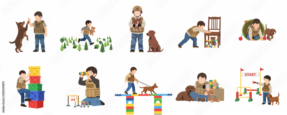 Fototapeta premium Little Boy in Tactical Vest Playing Soldier with Dog and Toys Vector Illustration Set