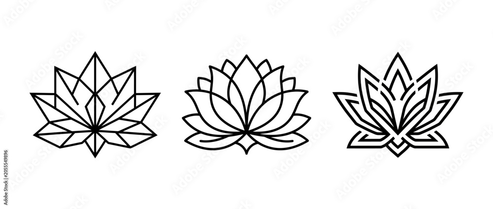 Fototapeta premium Three minimalist lotus flower line drawings in a horizontal row