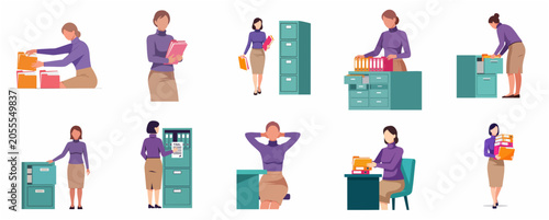 Foto Set of female office worker illustrations managing documents and filing folders