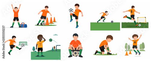 Vászonkép Set of flat illustrations of young boys in various soccer training activities an