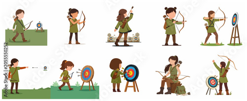 Konstfotografi Collection of cartoon girl archer character illustrations practicing archery wit