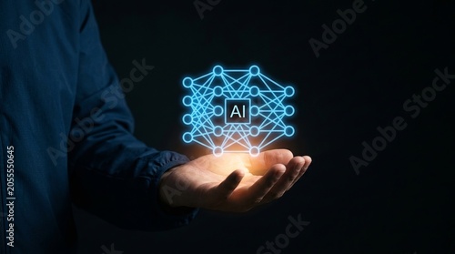 Businessman presents a glowing blue digital neural network structure floating above his open palm for data analysis.