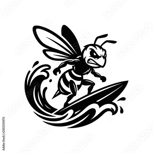 Canvas Print Angry bee hornet mascot character surfing on ocean wave.