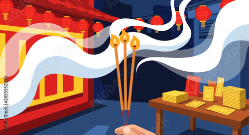 Hand holding three burning incense sticks with smoke.