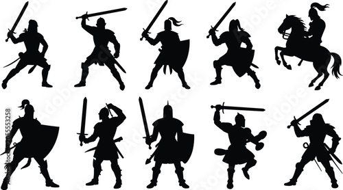 Foto Medieval knight silhouettes, sword shield combat poses, armored warrior horse ri