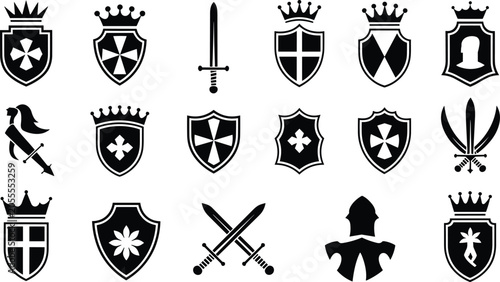 Foto Medieval heraldic silhouettes collection, shields swords crowns helmet vector, k