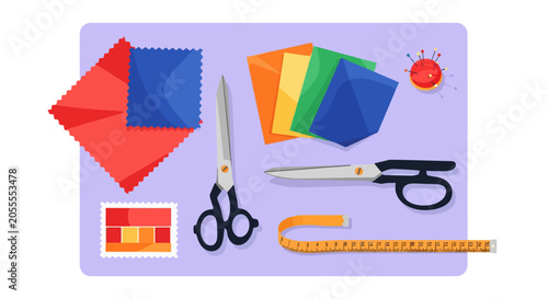 Sewing and Craft Supplies Flat Lay Illustration.